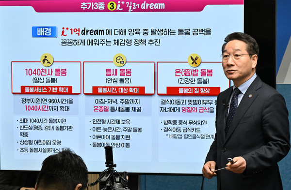 ▲ 유정복 인천시장이 지난 3월 시청 브리핑룸에서 인천형 출생정책 추가 3종(아이 플러스 이어 드림, 아이 플러스 맺어 드림, 아이 플러스 길러 드림)을 발표하고 있다. ⓒ 인천시 제공