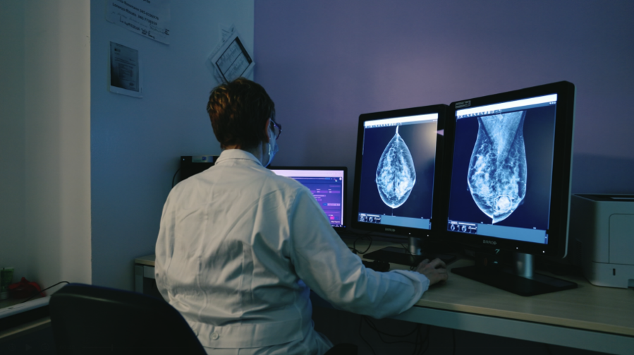 ▲ 이탈리아 트레비소주 유방암 검진 프로그램 책임자인 클라우디아 바이스 박사가 루닛 AI 유방암 진단 솔루션 '루닛 인사이트 MMG'를 활용해 유방촬영 영상을 분석하고 있다. ⓒ루닛