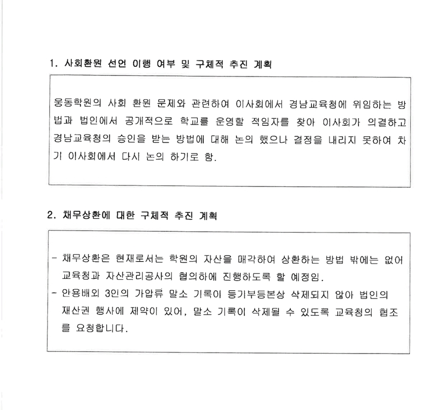 ▲ 2024년 11월 13일 열린 웅동학원 이사회 회의록. 웅동학원은 회의를 통해 향후 '10년에 걸쳐(2034년) 채무를 상환한 뒤 사회 환원을 이행한다'는 내용의 안건을 의결했다. ⓒ국민의힘 서지영 의원실