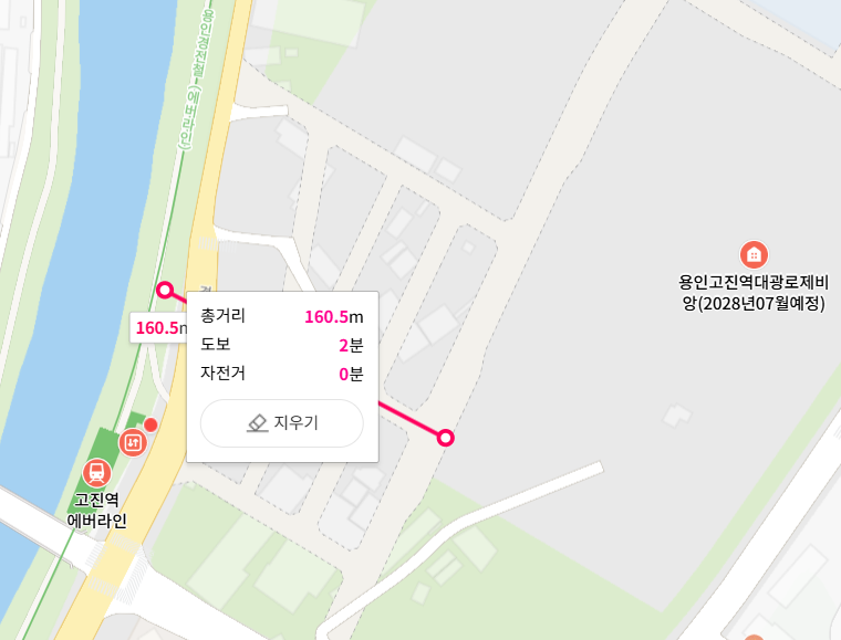 ▲ 단지에서 지상열차 노선까지 거리ⓒ네이버지도