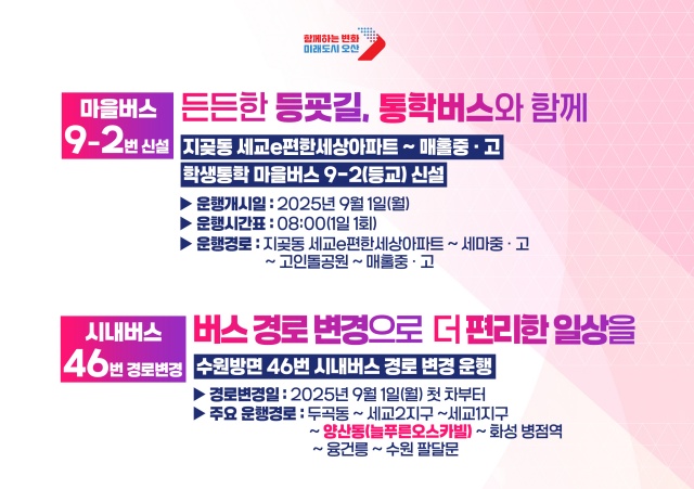 ▲ 46번 노선변경, 학생통학버스 9-2번 신설 안내문ⓒ오산시 제공