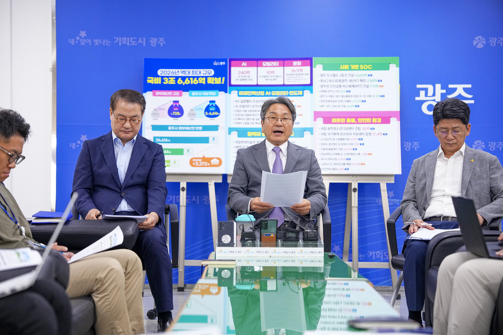 ▲ 강기정 광주광역시장이 29일 시청 기자실에서 기자들과 만나 '2026년도 정부예산안'을 설명하고 있다.ⓒ광주광역시 제공