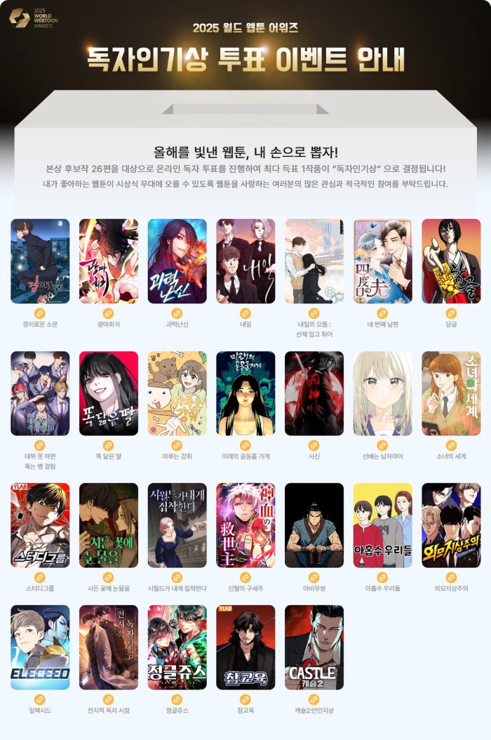 ▲ '2025 월드 웹툰 어워즈'  본상 후보작 투표 페이지.ⓒ문체부