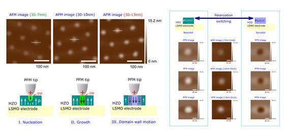 ▲ 제작된 직경 30 nm (두께 7~13 nm) 나노점 어레이의 원자힘현미경 이미지(왼쪽 위)와 분극 도메인 스위칭 메커니즘(왼쪽 아래), 분극 도메인 스위칭된 압전힘현미경 이미지(오른쪽).ⓒ한기대