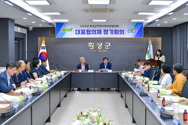 ▲ 횡성군지역사회보장협의체(공공위원장 김명기 군수, 민간위원장 박성길)가 3일 군청 2층 소회의실에서 2025년 3분기 대표협의체 정기회의를 열었다. 이날 회의에는 사회복지기관·단체·법인·시설 대표와 9개 읍·면 지역사회보장협의체 민간위원장 등 25명이 참석했다. 회의에서는 신규위원 위촉장 수여, 군·읍·면협의체 상반기 운영현황 및 하반기 추진계획을 공유했으며, 횡성군지역사회보장협의체 운영규정(안) 심의·의결도 진행됐다. ⓒ횡성군