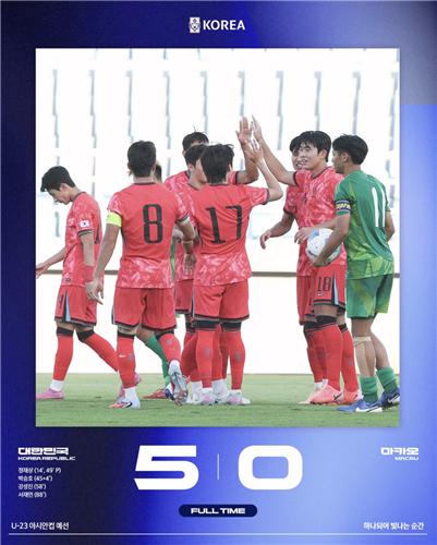 ▲ 한국이 AFC U-23 아시안컵 예선 첫판에서 마카오에 5-0 대승을 거뒀다.ⓒ대한축구협회 제공