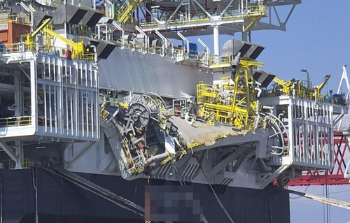 ▲ 지난 3일 발생한 한화오션 거제사업장 추락 사고 현장. ⓒ연합뉴스