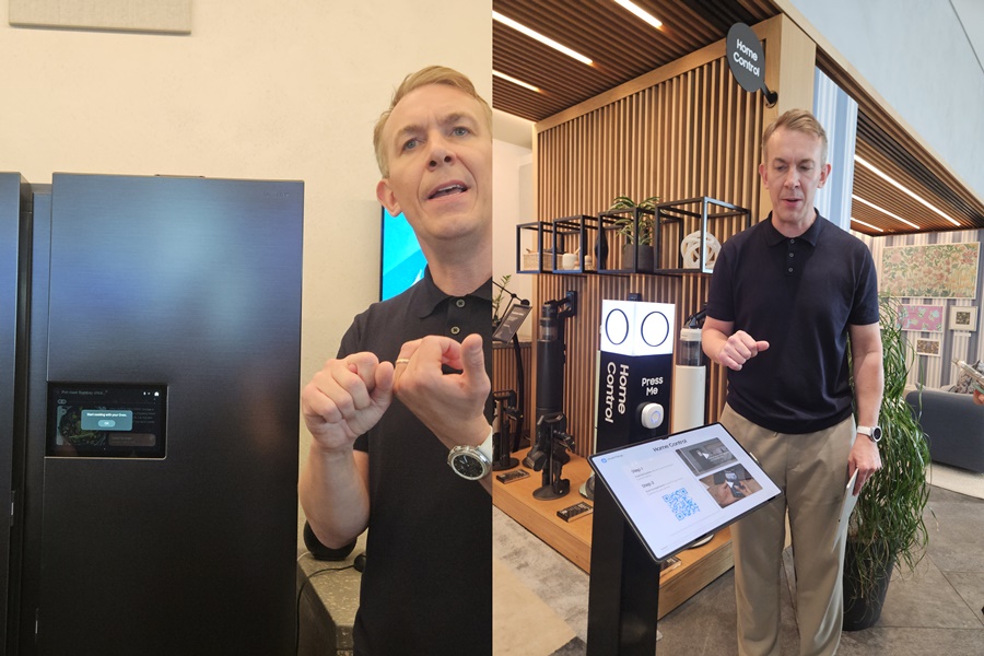 ▲ 삼성전자 영국 법인 관계자가 '삼성 킹스크로스' 내부 AI 홈 전시 공간을 설명하고 있다.ⓒ윤아름 기자