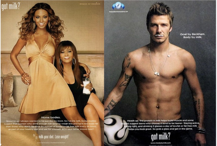 ▲ 팝스타 비욘세(좌)와 축구 선수 데이비드 베컴이 등장한 '갓 밀크?' 광고. ©CMPB