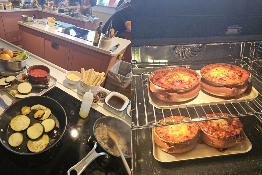 ▲ 삼성 듀얼 프렉스 인덕션과 비스포크 AI 오븐으로 음식을 조리 중인 모습ⓒ윤아름 기자