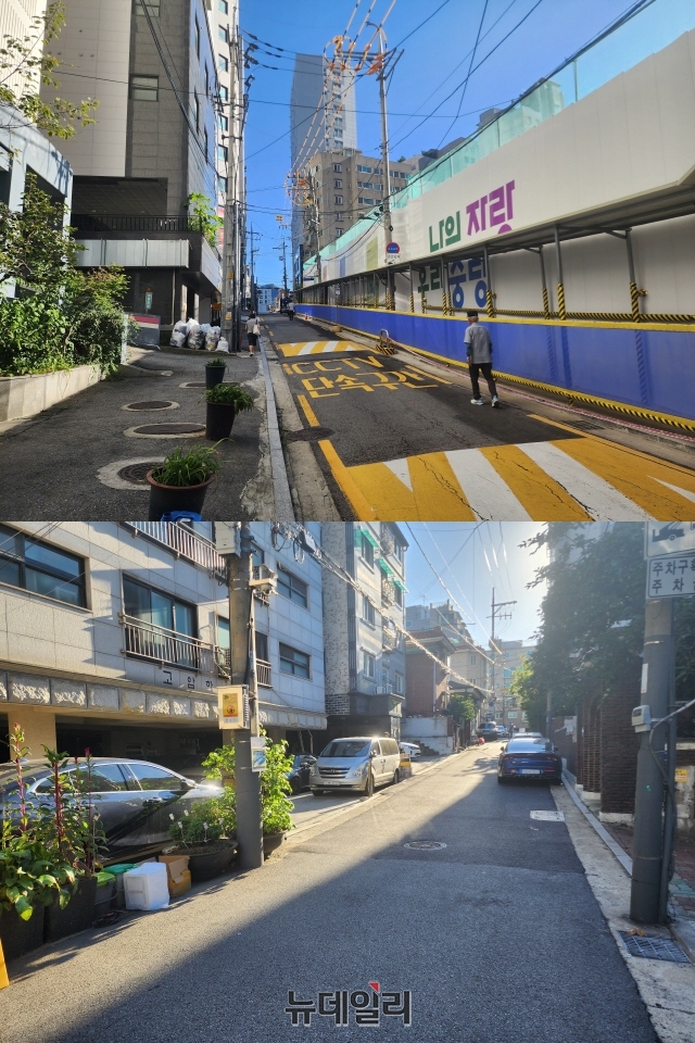 ▲ 단지 인근 경사도가 있는 도로와 등굣길=나광국 기자