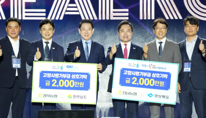 ▲ 경북농협(본부장 최진수)은 지난 10일 목포문화예술회관에서 열린 ‘2025 영호남 상생협력 화합대축전’ 개막식에서 전남농협(본부장 이광일)과 함께 고향사랑기부금 교차기부 행사를 가졌다.ⓒ경북농협