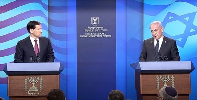 ▲ 마코 루비오 미국 국무장관과 베냐민 네타냐후 이스라엘 총리가 이스라엘 예루살렘에서 공동기자회견 중이다. 250915 이스라엘 총리실 제공. ⓒ연합뉴스