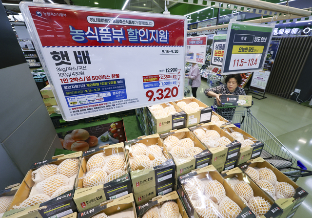 ▲ 15일 서울 시내의 한 대형마트에서 소비자들이 배를 고르고 있다. 정부가 경제관계장관회의에서 발표한 ‘추석 민생안정대책'에서 물가 안정을 위해 21대 성수품을 역대 최대 규모인 17만2000t을 공급할 계획이다. ⓒ뉴시스