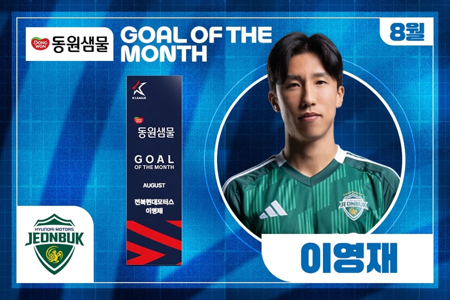 ▲ 전북 현대 이영재가 2025시즌 8월 K리그 '안심을 마시다 동원샘물 이달의 골' 수상자로 선정됐다.ⓒ한국프로축구연맹 제공