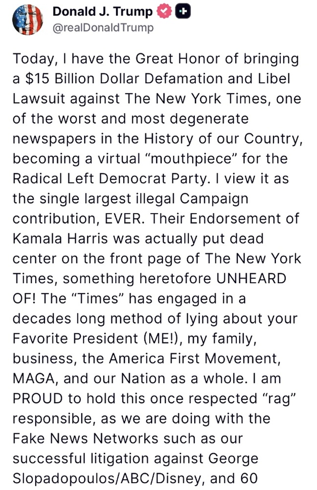 ▲ 도널드 트럼프 미국 대통령 트루스소셜 계정 갈무리. 250916 ⓒrealDonalTrump