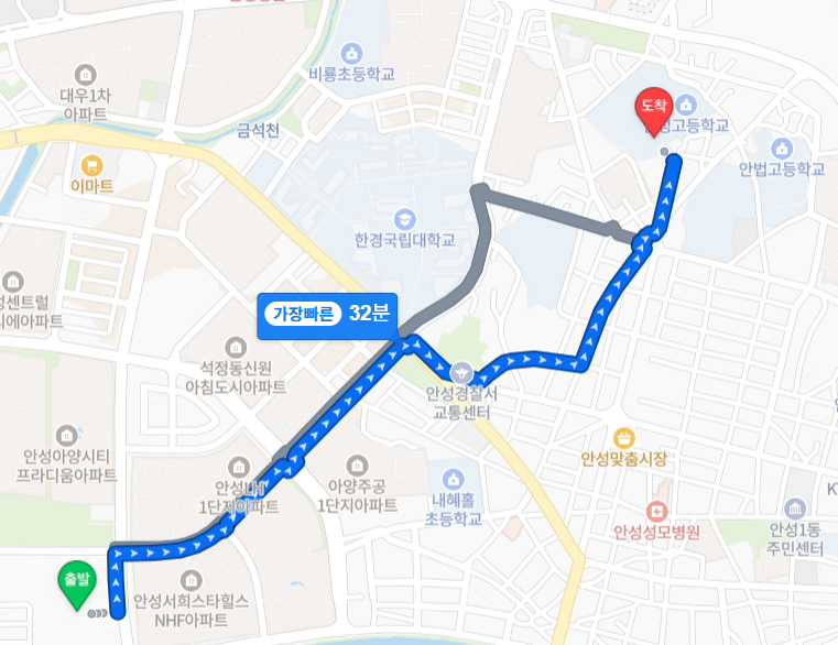 ▲ 안성아양금성백조예미지에서 안성중학교까지 거리ⓒ네이버지도