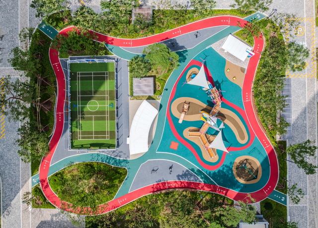 ▲ 현대엔지니어링 힐스테이트 용인고진역에 적용한 ‘헬시 플레저 파크’ 전경ⓒ현대엔지니어링