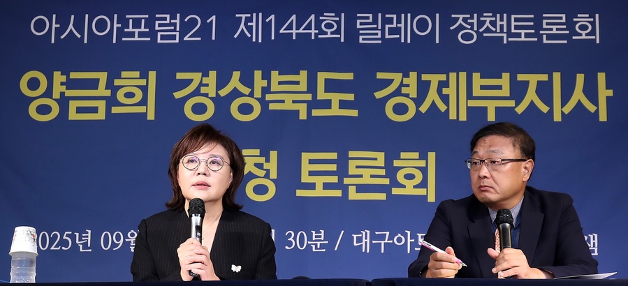 ▲ 양금희 부지사는 24일 오전 대구 남구 아트파크에서 열린 아시아포럼21(이사장 변태석) 초청토론회에 참석해 APEC 준비상황을 설명하고 있다.ⓒ아시아포럼21