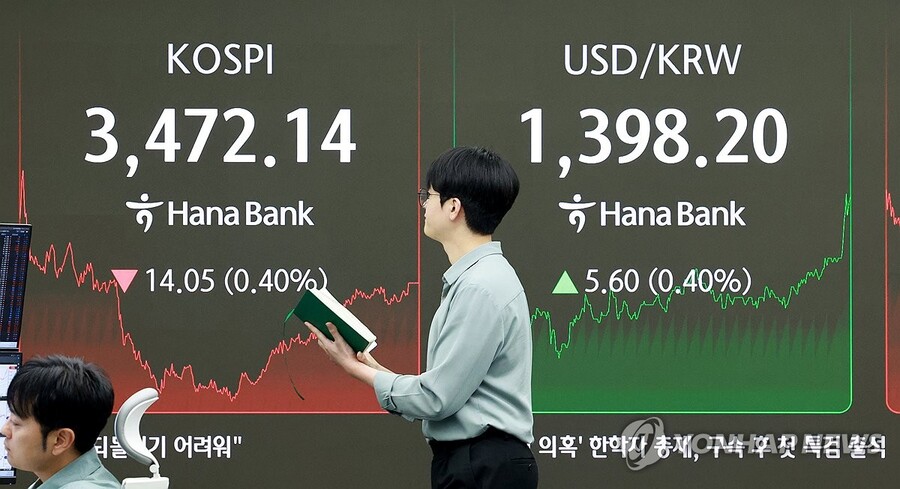 ▲ 24일 서울 을지로 하나은행 본점 딜링룸에서 한 외환딜러가 증시 현황판 앞을 지나고 있다. /연합뉴스