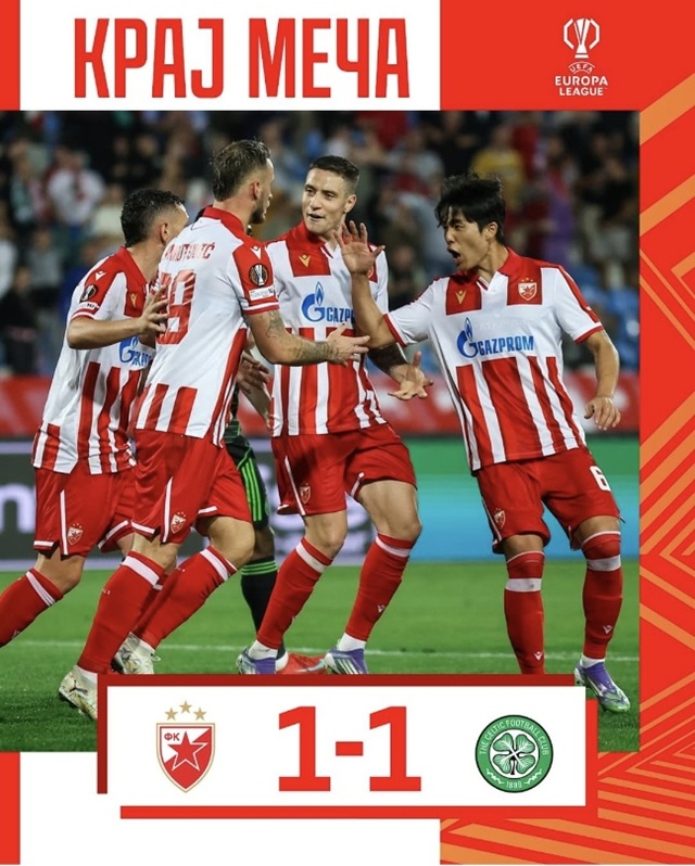 ▲ 설영우(FK 츠르베나 즈베즈다)와 양현준(셀틱 FC) 간의 '코리안 더비'는 승부를 가리지 못하고 끝났다. 250925 사진=즈베즈다 인스타그램 갈무리. ⓒcrvenazvezdafk