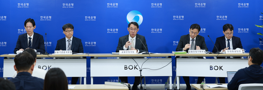 ▲ 25일 오전 서울 중구 한국은행에서 열린 금융안정 상황(2025년 9월) 설명회. (왼쪽부터) 정연수 금융시스템분석부장, 최병오 금융기관분석부장, 장정수 금융안정국장, 임광규 금융안정기획부장, 김정호 안정총괄팀장ⓒ한은