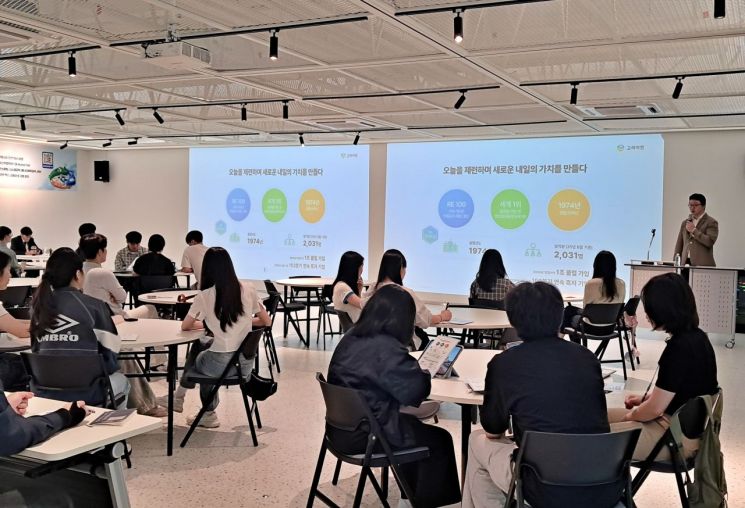 ▲ 고려아연 인사팀 관계자가 대학교 기업설명회 현장에서 발표하는 모습.ⓒ고려아연