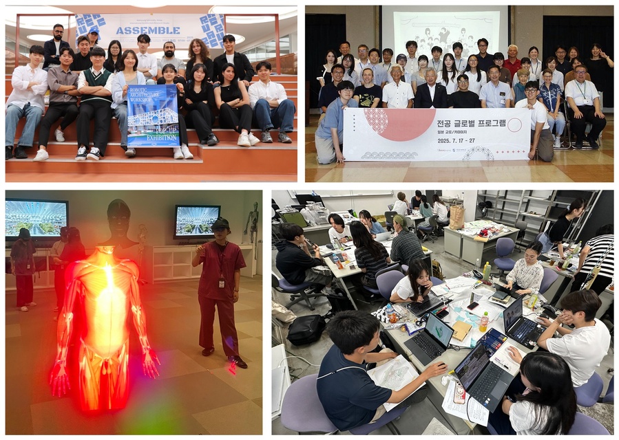 ▲ 좌측상단부터 덴마크팀(자매대학 SDU 방문 로보틱 적용한 프리패브 공법 리서치), 일본 2팀(지역문화와 현안을 반영한 창작 프로젝트를 가미이치 시청에서 발표), 미국팀(CNESI 방문 및 홀로렌즈를 활용한 VR 기반의 혁신 학습 경험 체험), 일본 1팀(오사카공립대학교와 협력 공동 프로젝트 수행).ⓒ계명대