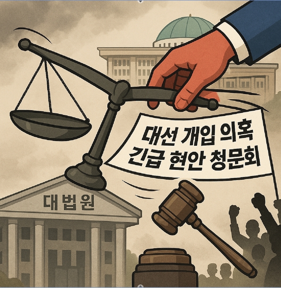 ▲ 필자가 ChatGPT 5로 생성했다. 정치권의 개입으로 사법부의 독립이 훼손되고 정치화되는 상황을 묘사하고자 했다. ⓒ