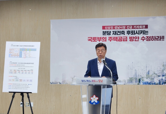 ▲ 신상진 성남시장이 26일 성남시청 모란관에서 긴급 기자회견을 열고 정부의 '1기 신도시 정비사업 후속사업 추진방안'에 반발하며 전면 재검토를 촉구하고 있다. ⓒ홍완식기자