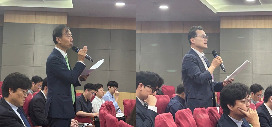 ▲ 메디톡스(왼쪽) 관계자와 휴젤 관계자가 29일 국회 의원회관에서 개최된 토론회에서 의견을 표명하고 있다. ⓒ조희연 기자