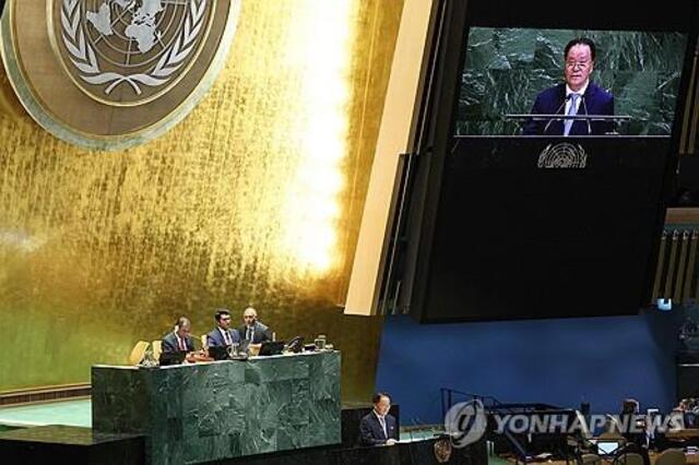 ▲ 29일(현지시각) 국제연합(UN) 총회에서 연설하는 김선경 북한 외무성 부상. 출처=AFPⓒ연합뉴스