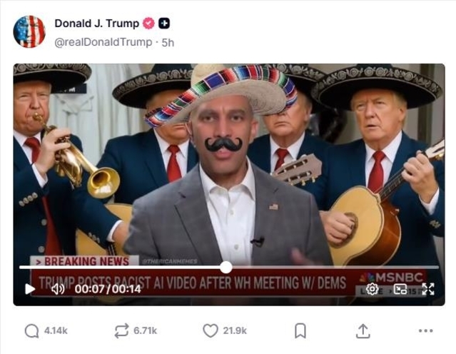 ▲ 도널드 트럼프 대통령이 지난달 30일 밤 자신의 트루스소셜 계정에 올린 하킹 제프리스 하원 원내대표의 합성 영상. 출처=도널드 트럼프 트루스소셜 갈무리ⓒ연합뉴스