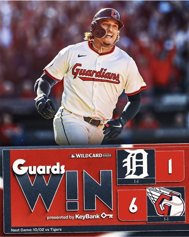 ▲ 클리블랜드 가디언스는 미국 오하이오주 클리블랜드 프로그레시브 필드에서 열린 디트로이트 타이거스와 AL WC 시리즈 2차전에서 6대 1로 이겼다. 251002 사진=가디언스 인스타그램 갈무리. ⓒcleguardians