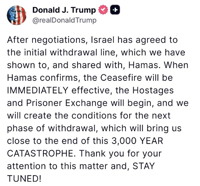 ▲ 251005 사진=도널드 트럼프 대통령 트루스소셜 계정 갈무리. ⓒrealDonaldTrump