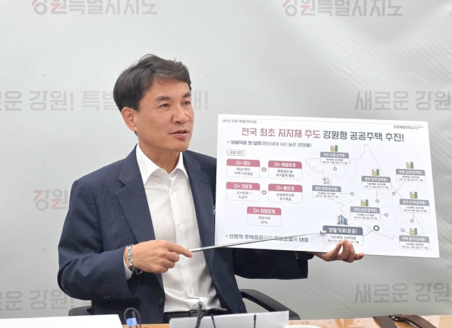 ▲ 기자간담회에서 전국 최초의 지자체 주도형 주거모델인 '강원형 공공주택' 사업을 설명중인 김진태 도지사. ⓒ강원특별자치도