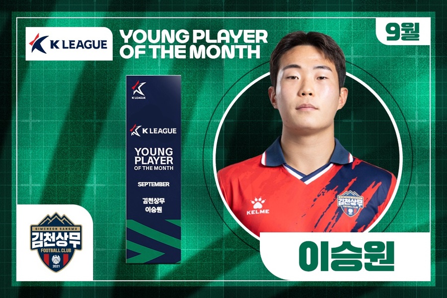 ▲ 김천 상무 미드필더 이승원이 9월 K리그 '이달의 영플레이어 상'을 수상하며 두 달 연속 K리그1 최고의 영플레이어로 우뚝 섰다.ⓒ한국프로축구연맹 제공