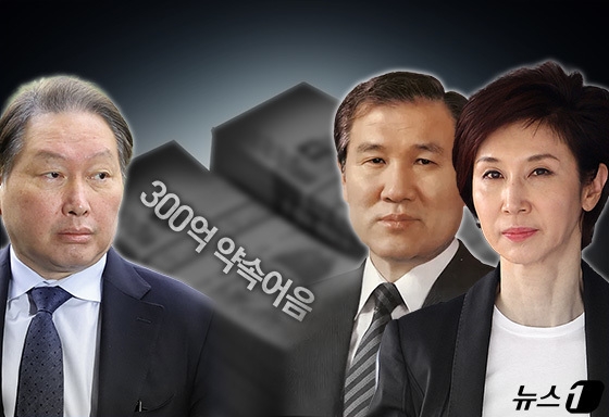 ▲ 최태원 SK회장과 노태우 전 대통령, 딸 노소영 아트센터 나비 관장.ⓒ뉴스1