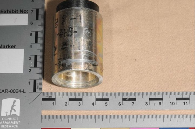 ▲ 북한이 러시아의 드론에 장착할 목적으로 개조해 제공한 집속탄의 자탄. 중간에 생산연도가 주체 99로 표기돼 있다. 출처=분쟁군비연구소 보고서. 251017 ⓒ뉴시스