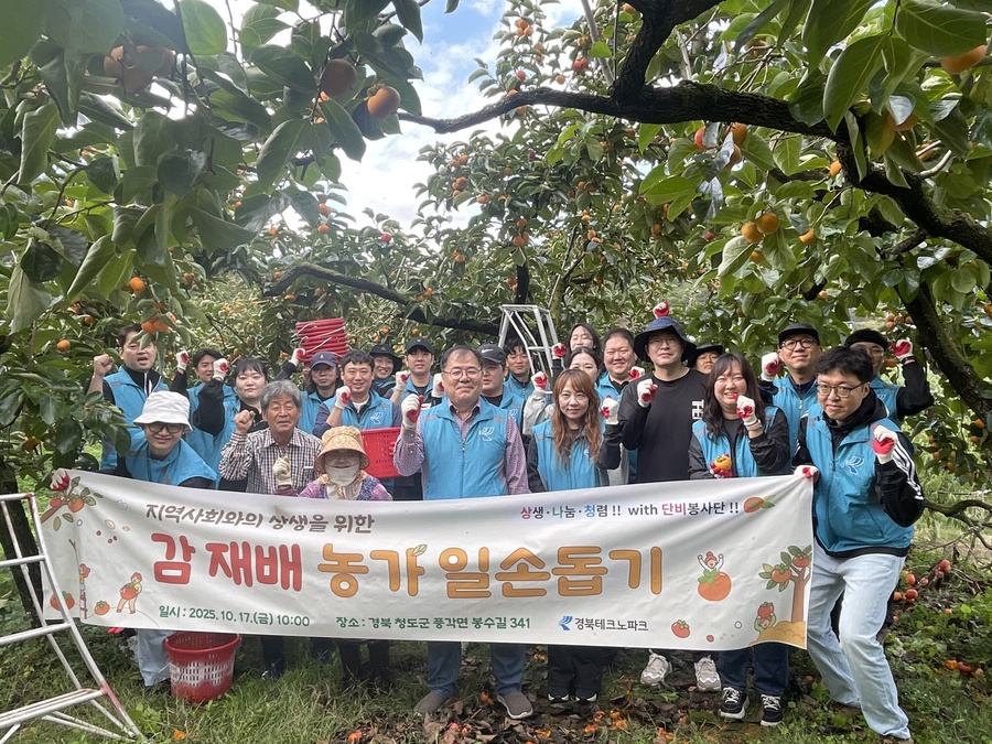 ▲ (재)경북테크노파크(원장 하인성)는 지난 17일 감 수확철을 맞아 경북 청도군의 감 재배 농가를 방문해 일손돕기 봉사활동을 진행하며, 지역사회와의 상생을 위한 뜻깊은 활동을 펼쳤다.ⓒ(재)경북테크노파크