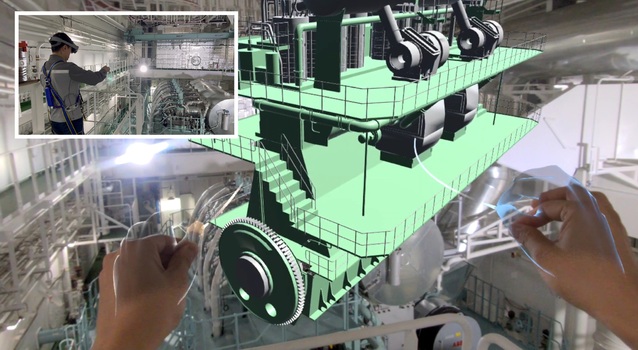 ▲ XR기술(갤럭시XR)을 활용해 선박 엔진을 검사하는 모습. ⓒ삼성중공업