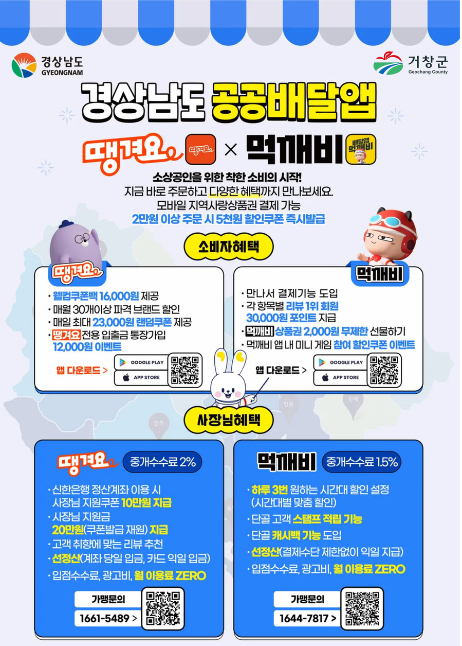 ▲ 거창군 경남도 광역형 공공배달앱 서비스인 ‘땡겨요’와 ‘먹깨비’홍보 포스터ⓒ거창군