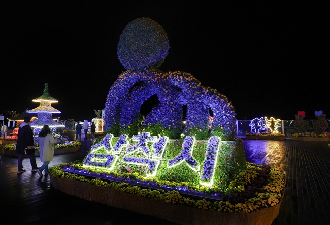 ▲ 삼척시가 지난 23일 오후 6시 삼척해변 일원에서 '제10회 삼척 국화전시회' 점등식을 개최했다. ⓒ삼척시