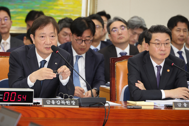 ▲ 이찬진(왼쪽) 금융감독원장과 이억원 금융위원장이 서울 여의도 국회에서 열린 정무위원회의 종합감사를 진행하고 있다 ⓒ연합뉴스