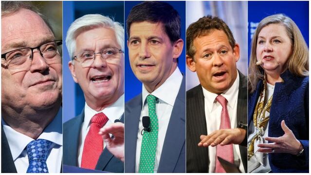 ▲ (왼쪽부터)케빈 해싯 백악관 국가경제위원장, 크리스토퍼 월러 연방준비제도(Fed, 연준) 이사, 케빈 워시 전 연준 이사, 릭 라이더 블랙록 채권 최고투자책임자(CIO), 미셸 보먼 연준 금융 감독 담당 부의장. 출처=게티이미지ⓒ악시오스