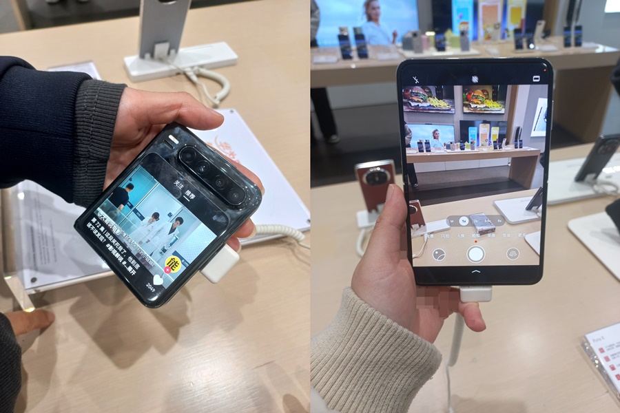 ▲ 중국 단둥 화웨이 매장에 전시된 '퓨라X' 제품ⓒ중국(단둥)=윤아름 기자