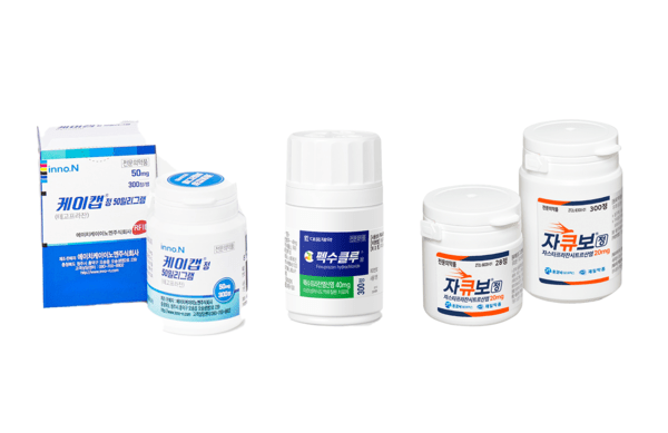 ▲ (왼쪽부터) HK이노엔 '케이캡', 대웅제약 '펙수클루, 온코닉테라퓨틱스 '자큐보' ⓒ각 사