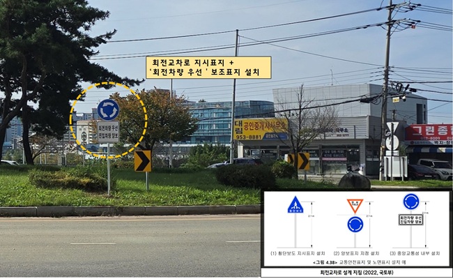 ▲ 파주시 내 회전교차로에 '회전차량 우선' 보조표지 설치로 회전차량의 안전한 진입을 유도하고 있다. ⓒ한국도로교통공단