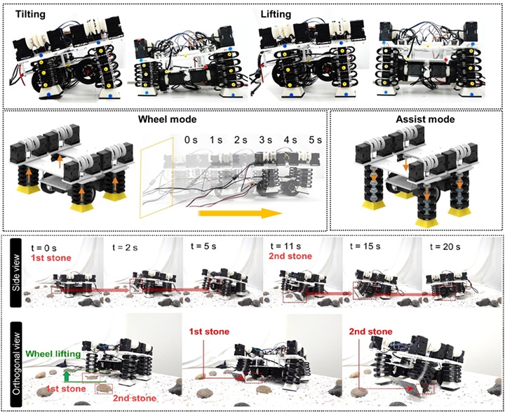 ▲ (위)폴더블 레그 로봇의 기본 동작 (아래)자갈밭 통과.ⓒ고려대