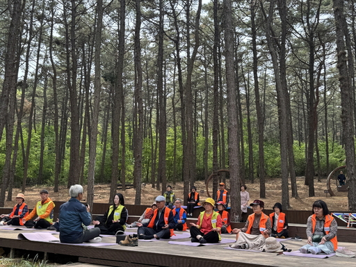 ▲ 인천 중구는 지난 5월 백운산 치유의 숲에서 치매 어르신과 그 가족들을 대상으로 ‘야외 치유 프로그램’을 진행했다. ⓒ중구 제공